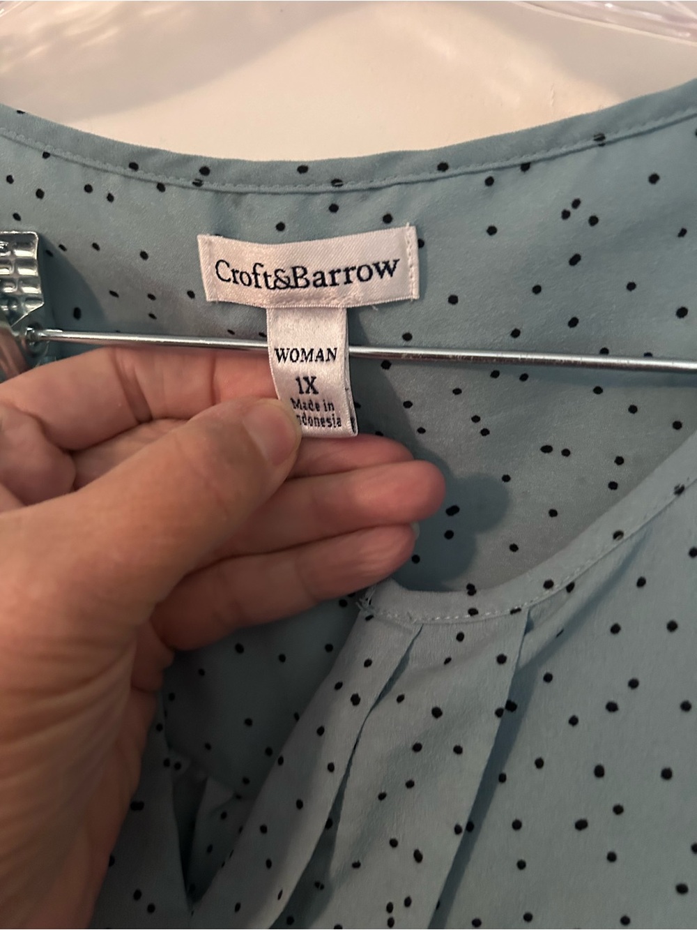 Croft & Barrow Dusty Blue Blouse with Black Polka Dots